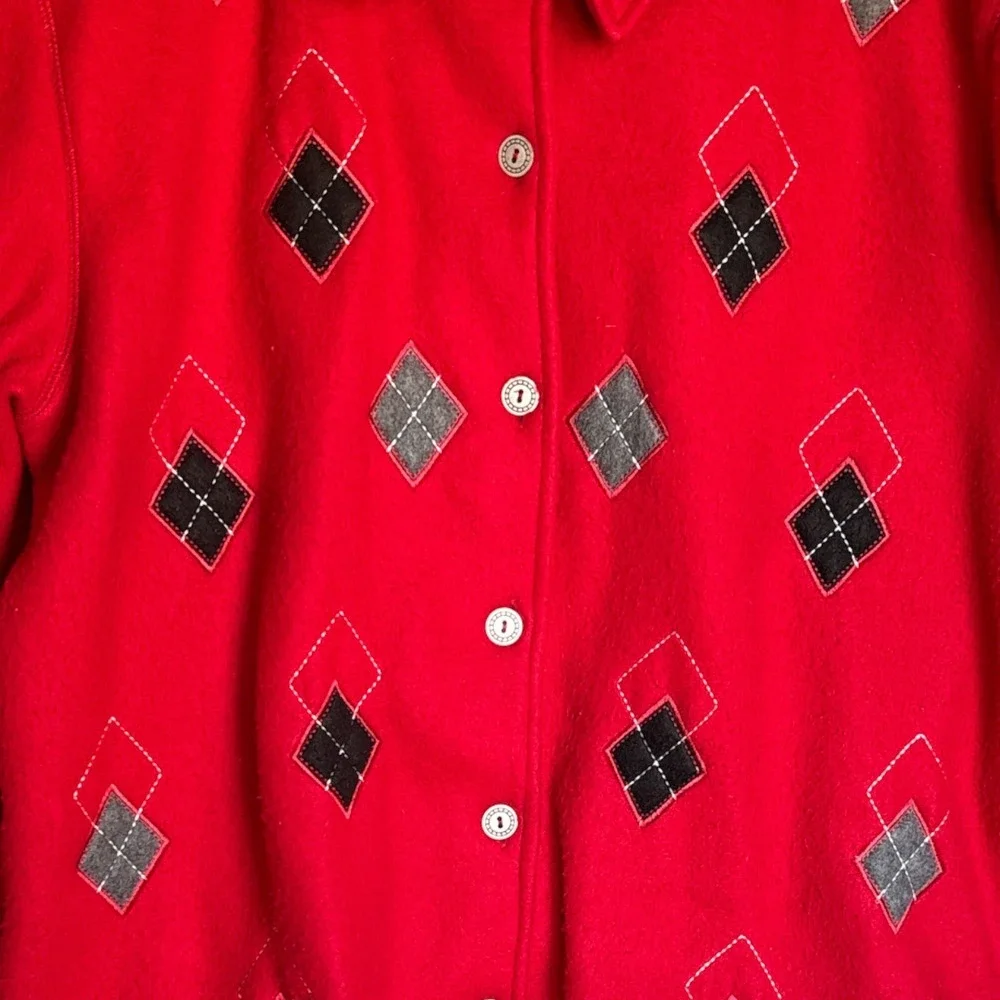 Vintage Women's‎ Size L Alfred Dunner Red Argyle Holiday Fleece Jacket Cardigan